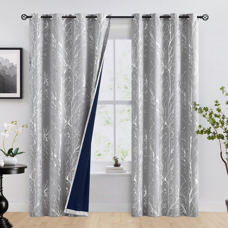 FMFUNCTEX 100% Blackout Curtains for Bedroom, Curtains 96 Inches Long Silver on Grey Tree Curtains for Living Room, Silver Foil Room Darkening Thermal Insulated Branch Curtain, 2 Panels Grommet Top - Image 2